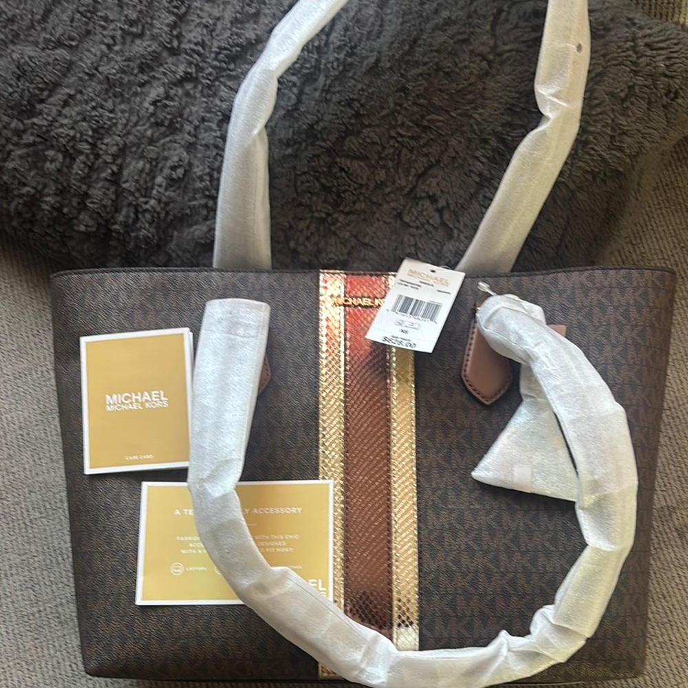 Michael Kors Brown Tote with Gold Stripes